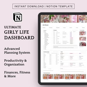 Könnte beinhalten: Ein digitales Tablet, das eine "Life Planner"-Oberfläche anzeigt. Der Bildschirm zeigt ein Dashboard mit Abschnitten für Planung, Monatsbudget und Aufgaben. Der Text auf dem Bildschirm enthält "Ultimate Girly Life Dashboard" und "Instant Download | Notion Template."
