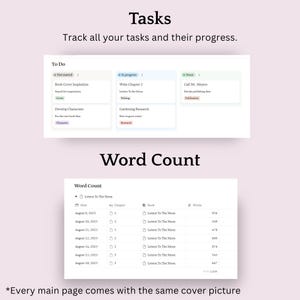 May include: A digital interface displays task management and word count tracking. The "Tasks" section shows to-do lists, in-progress items, and completed tasks. The "Word Count" section lists dates, chapters, book titles, and word counts.