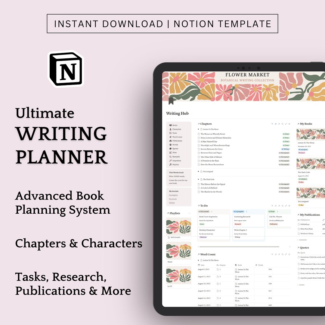 Notion Book Writing Planner Template for Writers, Book Series Planner ...