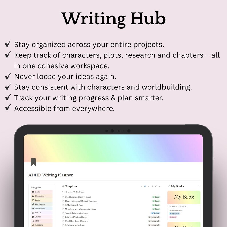 May include: A digital tablet displaying the "Writing Hub" interface. The screen shows a writing planner with sections for chapters, characters, and research. Text at the top reads "Writing Hub" and lists features like staying organized and tracking progress.