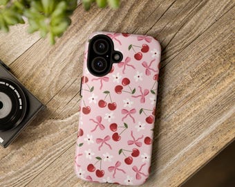 Cherry Bow Phone Case for iPhone, Samsung, Google Pixel – Protective Dual Layer Design