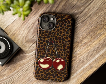 Cherry Leopard Print Phone Case: Dual Layer Protective Cover (Glossy/Matte)