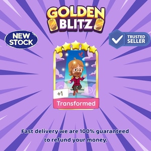 Pode incluir: Gráfico promocional para "Golden Blitz" com um personagem de desenho animado rotulado como "Transformado". A imagem inclui um selo "Novo estoque", um selo "Vendedor confiável" e texto prometendo entrega rápida.