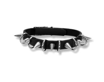 Punk Black Choker | Metal D-Rings & Big Spikes, Buckle | Adjustable Size | Handcrafted of strong BioThane | Waterproof | Choker Necklace