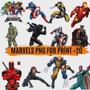 Peut inclure: Plusieurs images PNG de super-héros Marvel, dont Captain America, Wolverine, Iron Man, Thor, Hulk et Black Panther. Le texte "MARVELS PNG FOR PRINT +20" est affiché sur une bannière orange.