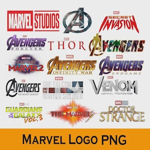 Peut inclure: Plusieurs logos de Marvel Studios, dont "Avengers", "Thor" et "Doctor Strange", dans différentes couleurs et polices. L'image contient également le texte "MARVEL LOGO PNG."