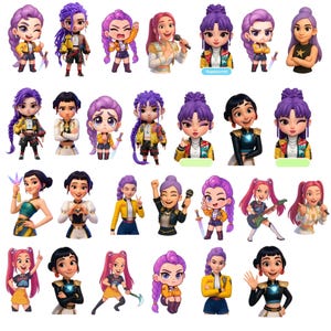 Puede incluir: Conjunto de pegatinas de personajes de dibujos animados en 3D con pelo morado y diversos atuendos. Los personajes se representan en varias poses, algunos sosteniendo armas o micrófonos. La ropa incluye chaquetas, tops y faldas.