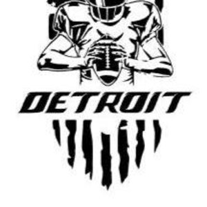 K&ouml;nnte beinhalten: Schwarz-wei&szlig;e Grafik eines Footballspielers, der einen Football h&auml;lt, mit einem Design der amerikanischen Flagge im Hintergrund. Das Wort "DETROIT" steht &uuml;ber der Nummer "2".
