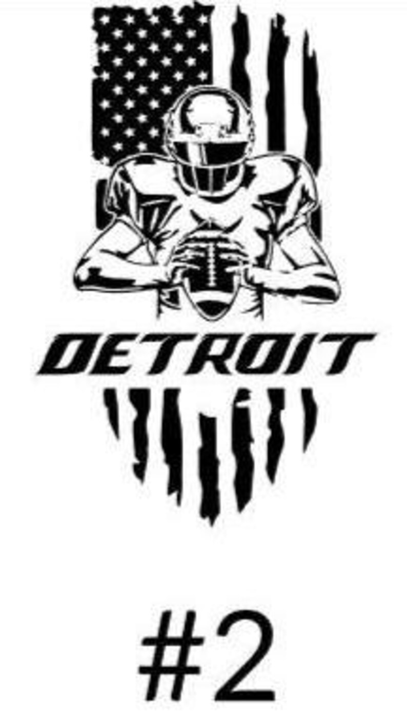 K&ouml;nnte beinhalten: Schwarz-wei&szlig;e Grafik eines Footballspielers, der einen Football h&auml;lt, mit einem Design der amerikanischen Flagge im Hintergrund. Das Wort "DETROIT" steht &uuml;ber der Nummer "2".