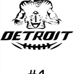 K&ouml;nnte beinhalten: Schwarz-wei&szlig;e Illustration eines Footballspielers mit einem Football. Das Wort "DETROIT" ist fett dargestellt, darunter eine Football-Grafik. Die Nummer "#1" befindet sich unten.