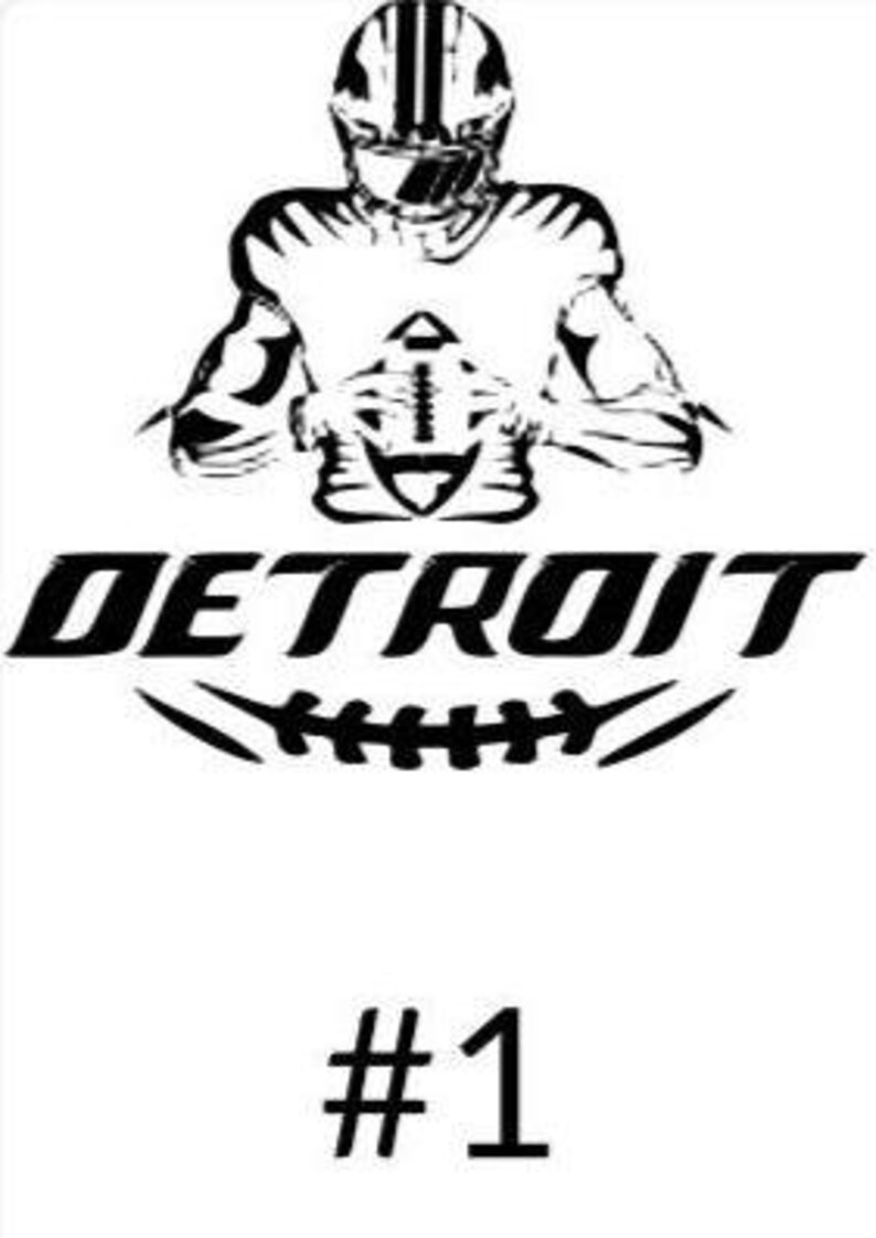K&ouml;nnte beinhalten: Schwarz-wei&szlig;e Illustration eines Footballspielers mit einem Football. Das Wort "DETROIT" ist fett dargestellt, darunter eine Football-Grafik. Die Nummer "#1" befindet sich unten.