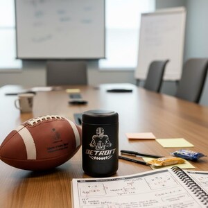 K&ouml;nnte beinhalten: Ein brauner und wei&szlig;er Football und ein schwarzer Becher mit einer Grafik eines Footballspielers aus Detroit liegen auf einem Holztisch. Ein Notizbuch mit handschriftlichen Notizen, Stiften und Snacks befindet sich ebenfalls auf dem Tisch. Der Hintergrund umfasst eine Tafel und St&uuml;hle.