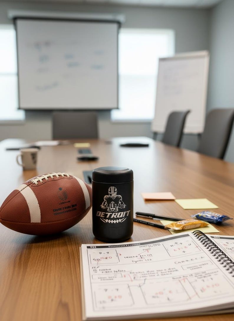 K&ouml;nnte beinhalten: Ein brauner und wei&szlig;er Football und ein schwarzer Becher mit einer Grafik eines Footballspielers aus Detroit liegen auf einem Holztisch. Ein Notizbuch mit handschriftlichen Notizen, Stiften und Snacks befindet sich ebenfalls auf dem Tisch. Der Hintergrund umfasst eine Tafel und St&uuml;hle.