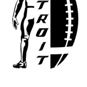 K&ouml;nnte beinhalten: Schwarz-wei&szlig;e Grafik eines Footballspielers und eines Footballs. Das Wort "DETROIT" ist vertikal auf dem Football abgebildet. Die Nummer "5" befindet sich darunter.