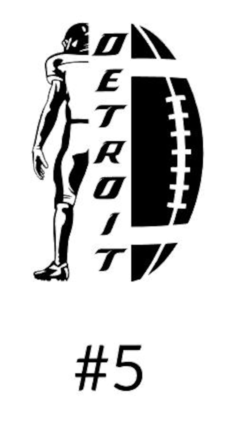 K&ouml;nnte beinhalten: Schwarz-wei&szlig;e Grafik eines Footballspielers und eines Footballs. Das Wort "DETROIT" ist vertikal auf dem Football abgebildet. Die Nummer "5" befindet sich darunter.