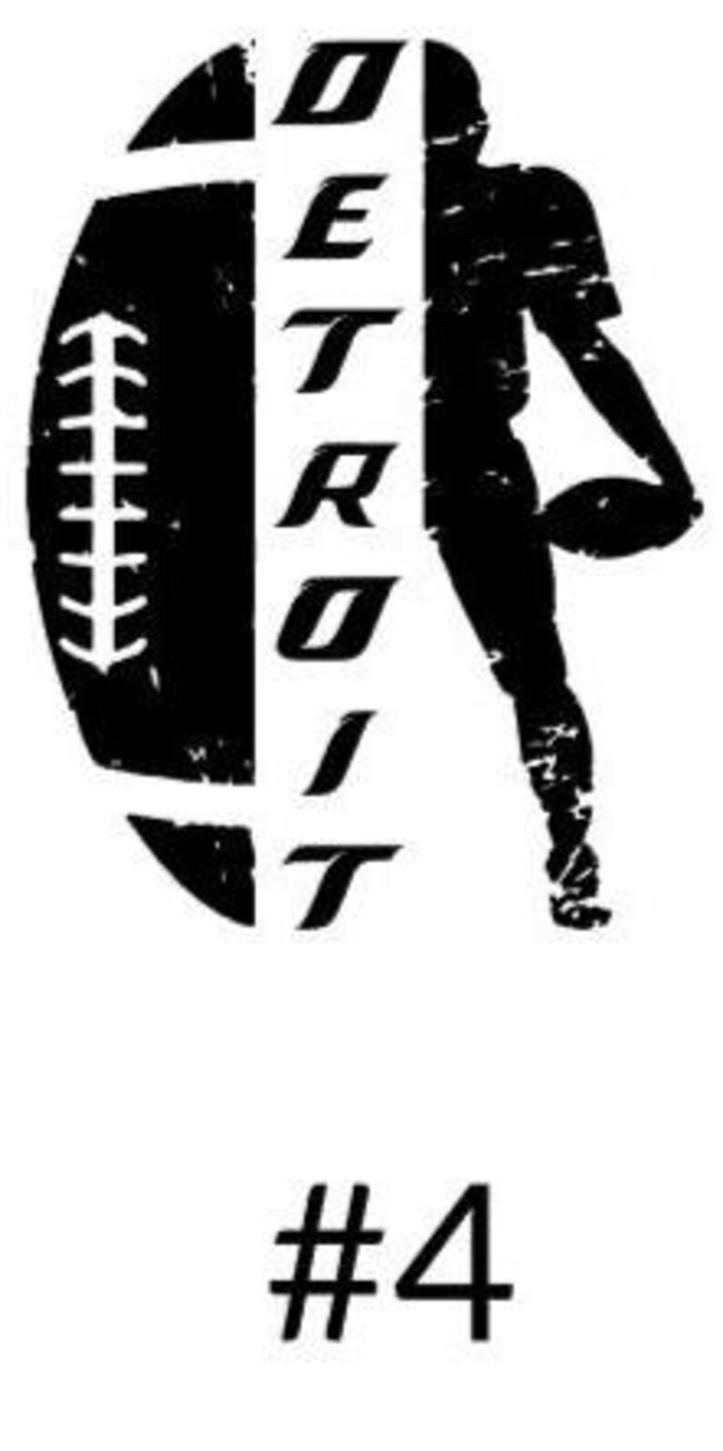 K&ouml;nnte beinhalten: Schwarz-wei&szlig;e Grafik eines Footballs und eines Footballspielers. Das Wort "DETROIT" ist vertikal gestapelt. Die Nummer "4" befindet sich darunter. Das Design hat einen Used-Look.