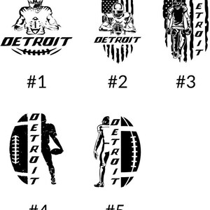 K&ouml;nnte beinhalten: Schwarz-wei&szlig;e Grafikdesigns mit Footballspielern und dem Wort "DETROIT". Designs beinhalten einen Football, die amerikanische Flagge und Spielersilhouetten. Die Nummern 1 bis 5 befinden sich unter jedem Design.