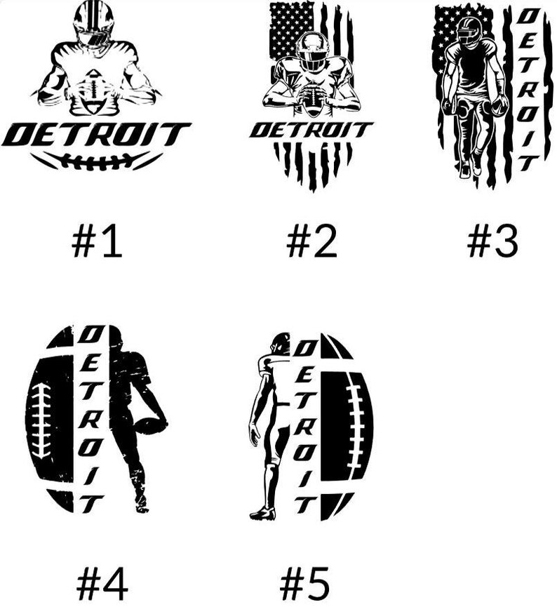 K&ouml;nnte beinhalten: Schwarz-wei&szlig;e Grafikdesigns mit Footballspielern und dem Wort "DETROIT". Designs beinhalten einen Football, die amerikanische Flagge und Spielersilhouetten. Die Nummern 1 bis 5 befinden sich unter jedem Design.