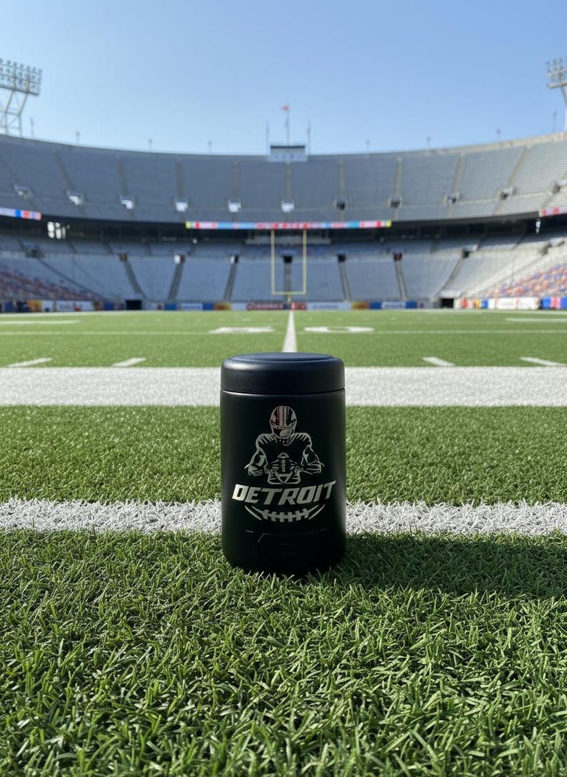 K&ouml;nnte beinhalten: Ein schwarzer Becher mit Football-Motiv, mit einer silbernen Grafik eines Footballspielers und dem Wort "DETROIT". Der Becher steht auf einem gr&uuml;nen Footballfeld mit wei&szlig;en Linien, mit einem Stadion im Hintergrund.