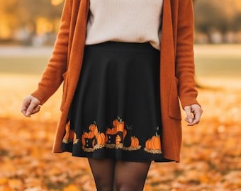 Süßer Kürbis Patch Rock, Katze Halloween Skater Rock, Herbst Vibes Fit und Flare, gruselige Kleidung, Geschenk für Katzenliebhaber Rock