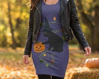 Halloween Witch Cat Bodycon Dress, Cute Black Cat Pumpkin Tank Dress, Spooky Season Witchy Clothing, Purple Gothic Halloween Party Dress