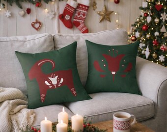 Yule Goat Throw Pillow, Double Sided Festive Cushion, Scandinavian Winter Holiday Decor, Deep Green and Red Christmas Folk Art Accent Pillow