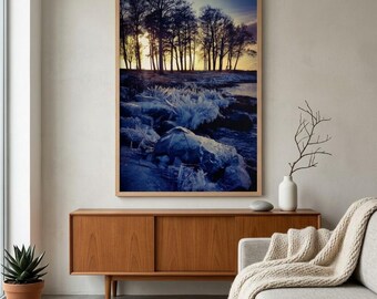 Nordic Winter Shoreline Poster, Icy  Scandinavian Landscape Photography, Frozen Coastline Sunset Nature Print