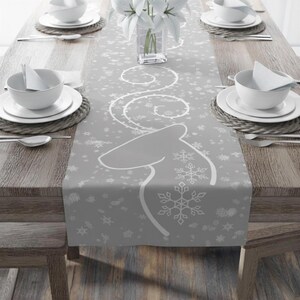 Scandinavian Reindeer Silhouette Snowflake Table Runner, Modern Holiday Silver Grey Dining Decor - Nordic Minimalist Christmas Runner