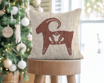 Scandinavian Christmas Yule Goat Woven Pillow, Nordic Folk Art Home Accent, Swedish Holiday Couch Decor, Vintage Style Textured Pillow