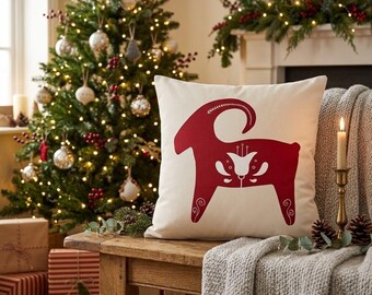 Scandinavian Yule Goat Pillowcase, Nordic Folk Art Christmas Decor, Cream and Red  Accent Cushion Cover