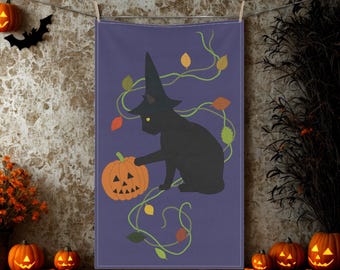 Black Cat with Witch Hat Tea Towel - Halloween Kitchen Decor - Spooky Pumpkin & Autumn Leaves Kitchen Towel - Cute Witchy Gift for Cat Lover