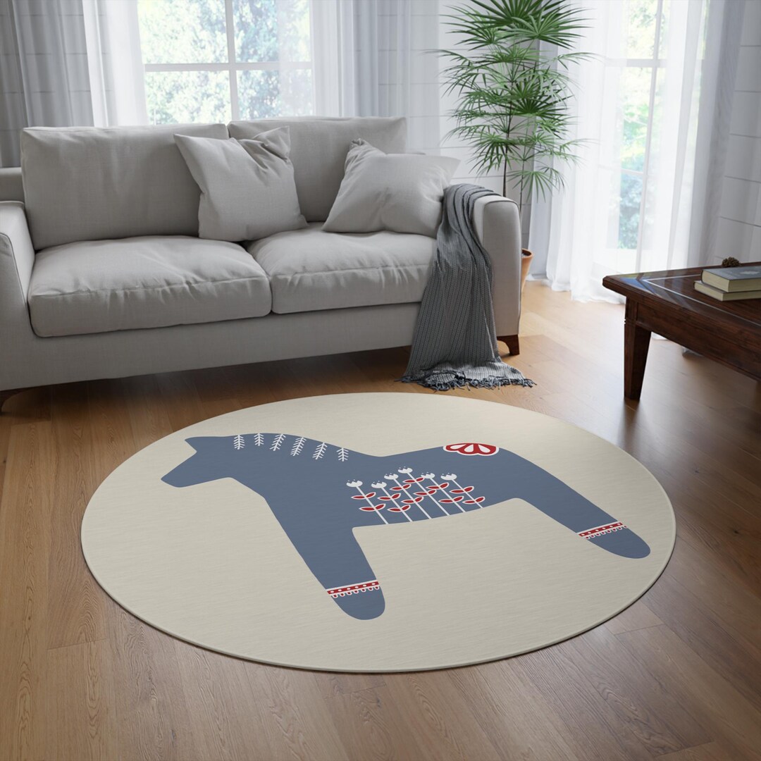Dala Rugs Scandinavian Blue Dala Horse Round Rug | Floral Folk Art Rug - Etsy