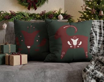 Scandinavian Christmas Pillowcase, Nordic Yule Goat Cushion Cover, Dark Green Holiday Throw Pillow, Rustic Folk Art Winter Decor