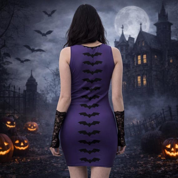 purple bat dress Purple Bat Dress, Gothic Bodycon Dress, Spooky Halloween Outfit, Witchy  Alternative Clothing, Goth Tank Dress, Cute Bat Silhouette Dress