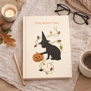 May include: A cream-colored notebook with the text Cozy Autumn Tales printed at the top. The cover features a black cat wearing a witch hat, touching an orange jack-o'-lantern, surrounded by green vines with small red, yellow, and brown leaves.