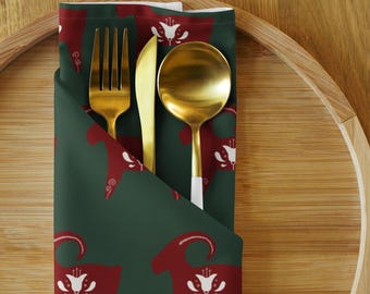 Scandinavian Christmas Napkins Set of 4, Folk Art Yule Goat Cloth Napkins, Dark Green Red Holiday Dinner Napkins, Nordic Xmas Table Decor
