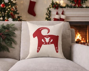 Scandinavian Yule Goat Christmas Throw Pillow with Insert, Red Julbock Stuffed Cushion, Nordic Holiday Decor, Folk Art Living Room Pillow