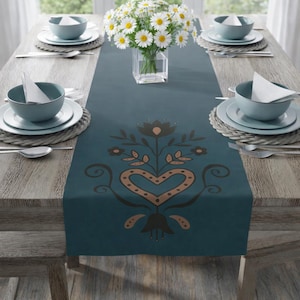 Patina Blue and Copper Table Runner, Scandinavian Folk Art Table Decor, Swedish Heart Dining Runner, Cottagecore Luxury Table Linens