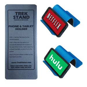 May include: A gray Trek Stand phone and tablet holder with the text "TREK STAND" and "PHONE & TABLET HOLDER". Two phones are shown, one with a Netflix logo and the other with a Hulu logo, both held by blue stands.
