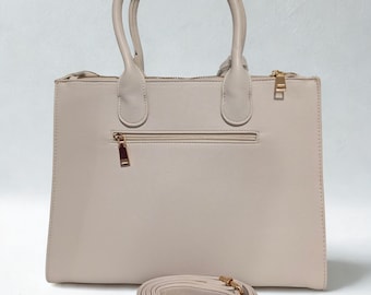 Elegante beige strukturierte Einkaufstasche mit abnehmbarem Riemen – klassische Damenhandtasche