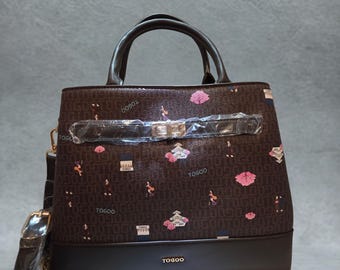 exklusive braune Handtasche im Designer-Style mit Print | Strukturierte Einkaufstasche mit Griff oben und Schultergurt