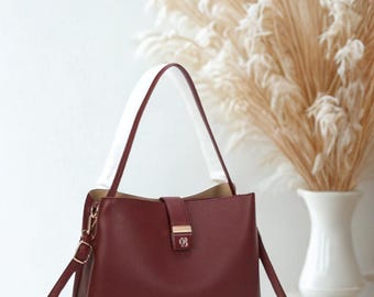 Elegante weinrote Leder Schulter & Handtasche