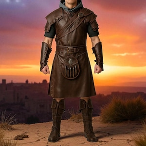 LARP Renaissance Festival | Medieval Gladiator Costume for Men | Outfit | Halloween Leather Set - Brown Leather Warrior Kilt Armor Set