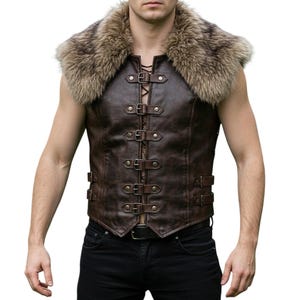 Renaissance Faire Rüstung für LARP Fantasy Festival Outfit - Mittelalterliche Wikinger-Lederweste für Männer mit Fellkragen