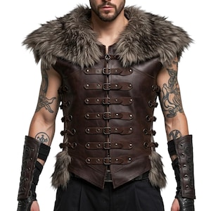 Viking Leather Armor Vest for Men | Medieval Warrior Costume, Fur Shoulder LARP Outfit, Renaissance Faire Cosplay, Fantasy Clothing