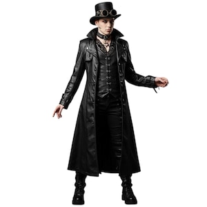 Black Leather Trench Coat Costume | Gothic Steampunk Vampire Outfit for Halloween, LARP, Cosplay & Renaissance Festival Wear