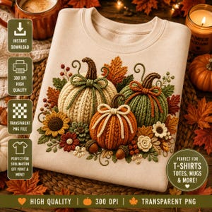 May include: A beige sweatshirt featuring a central graphic of three knitted-style pumpkins in cream, green, and orange. The pumpkins are decorated with bows and surrounded by crocheted-style autumn leaves, small flowers, and acorns.