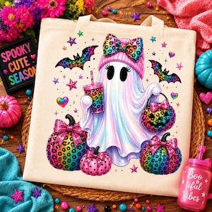 Puede incluir: Un bolso de tela beige con un gráfico colorido de un fantasma que lleva un gorro rosa con un lazo de estampado de leopardo. El fantasma sostiene un vaso y un cubo de calabaza con estampado de leopardo, rodeado de calabazas, murciélagos y estrellas.