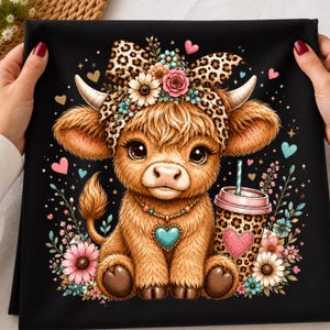 May include: A black fabric featuring a graphic of a fluffy brown highland cow wearing a leopard print bow with flowers, a beaded necklace with a teal heart pendant, and a leopard print cup with a pink heart and a straw, surrounded by flowers and hearts.
