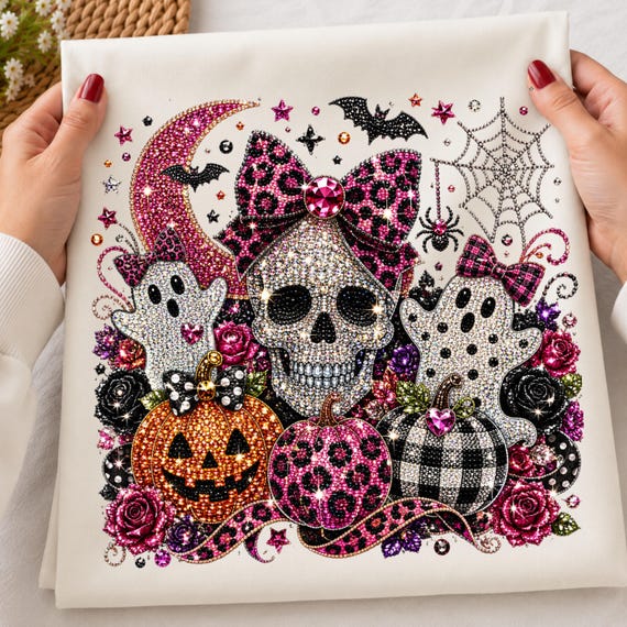 Halloween Faux Rhinestone PNG, Skull Ghost PNG, Pink Leopard Pumpkin Sublimation, Halloween Hat Piece, Halloween Nails, Halloween Jacket
